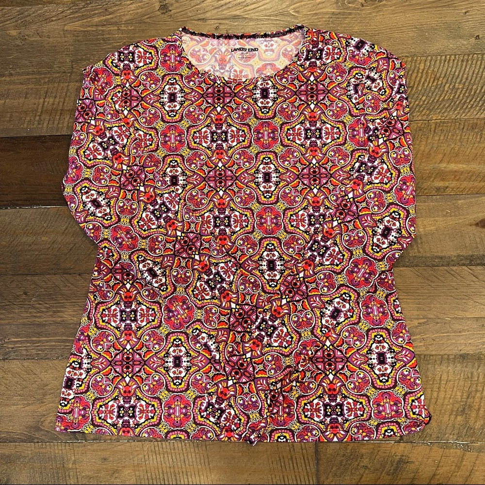 Lands' End Floral Print Long Sleeve Stretch Top Shirt Womens size XS 2-4.